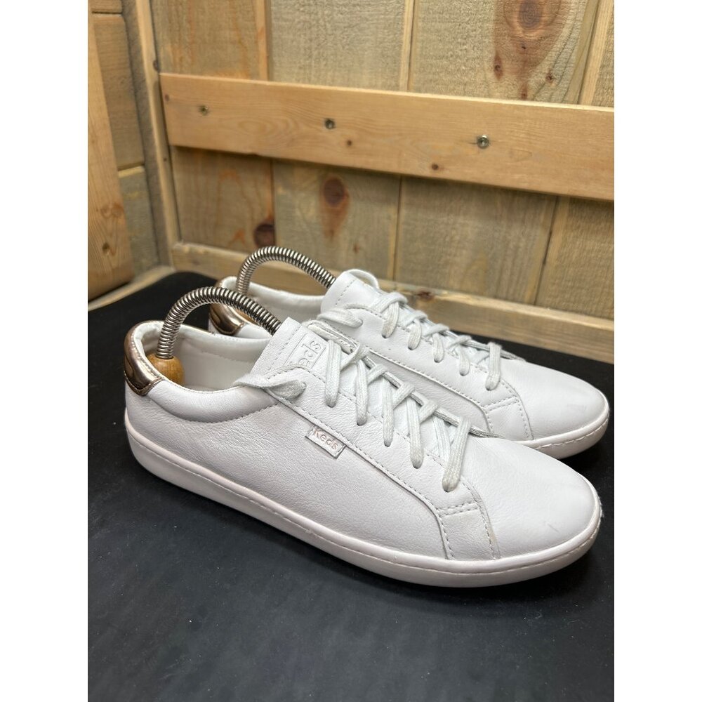 Keds Womens Size 8 White Leather Sneakers With Rose Gold Heel Accent